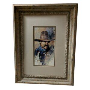 Kirk Randle Cowboy Portrait Painting Distressed Wooden Frame